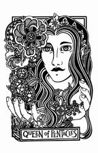 Black and white illustration of the 'Queen of Pentacles' tarot card with intricate designs.