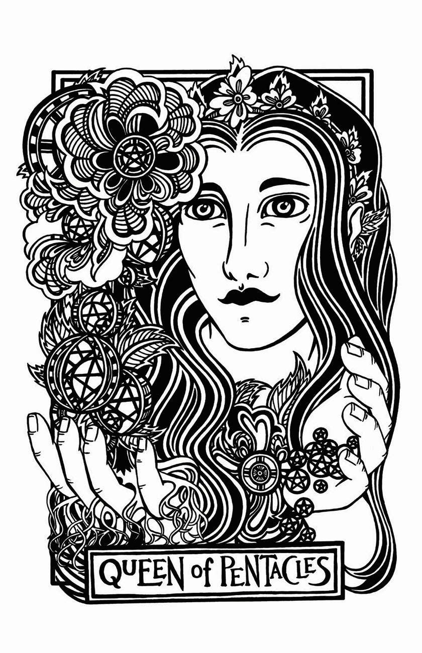 Black and white illustration of the 'Queen of Pentacles' tarot card with intricate designs.