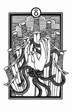 Black and white tarot card with hands and ropes on a white background