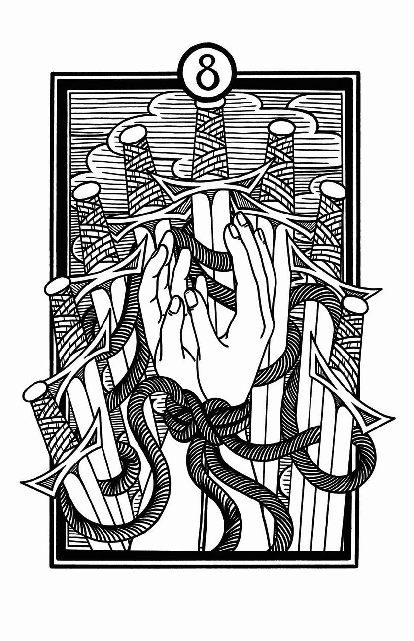 Black and white tarot card with hands and ropes on a white background