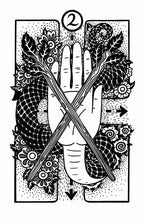 Black and white illustration of a hand with a snake crossing it, surrounded by decorative elements on a card-like background.