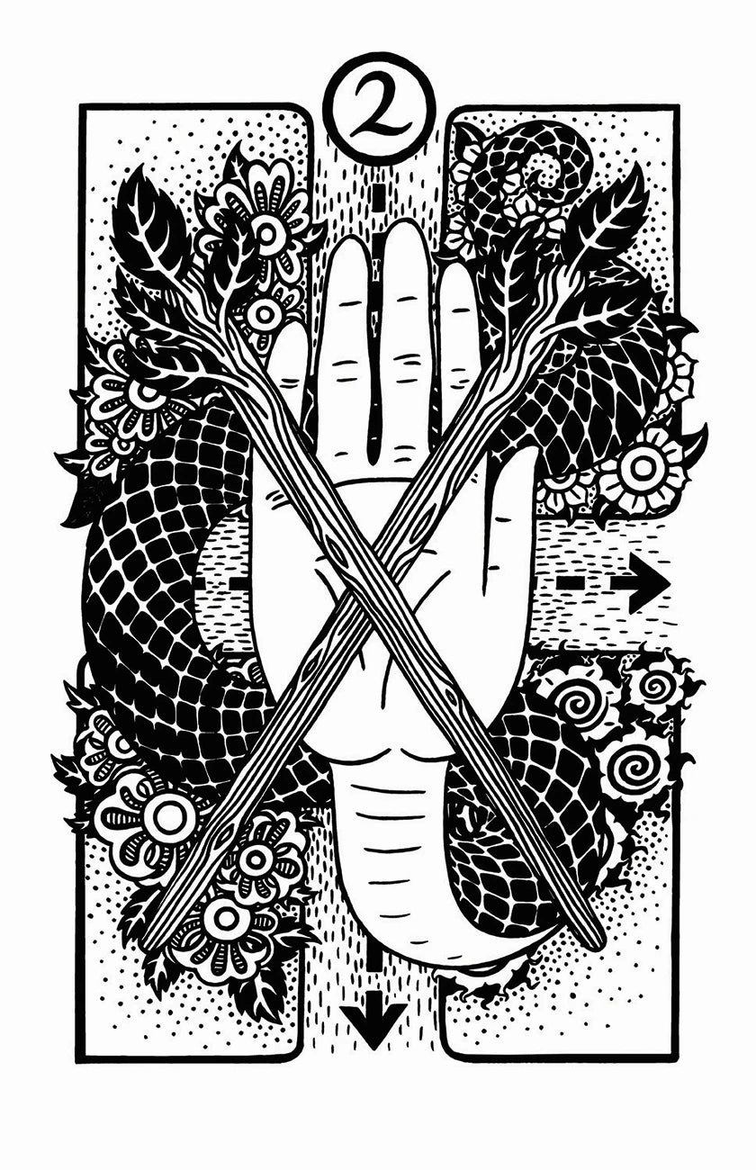 Black and white illustration of a hand with a snake crossing it, surrounded by decorative elements on a card-like background.
