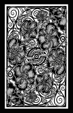 Black and white floral design with intricate patterns on a rectangular card.
