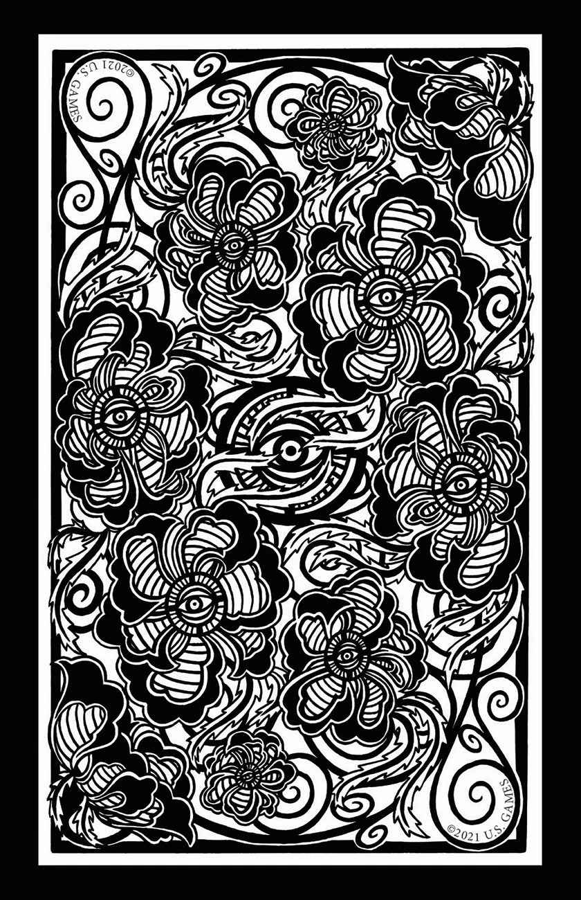 Black and white floral design with intricate patterns on a rectangular card.