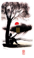 Artistic depiction of a person under a tree with a red sun in the background