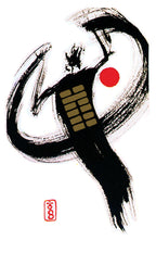 Artistic depiction of a character with a red circle and black lines on a white background