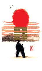 Artistic depiction of a person standing under a red sun with brushstroke effects on a white background.