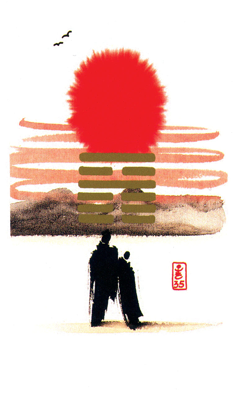 Artistic depiction of a person standing under a red sun with brushstroke effects on a white background.