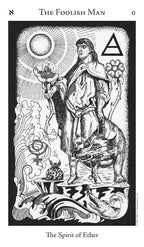 Tarot card featuring 'The Foolish Man' with a person holding a flower, wolf, and sun symbol.