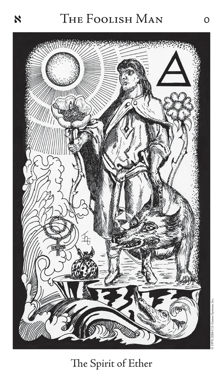 Tarot card featuring 'The Foolish Man' with a person holding a flower, wolf, and sun symbol.