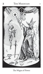 Tarot card titled 'The Magician' with black and white illustration of a figure and symbols.