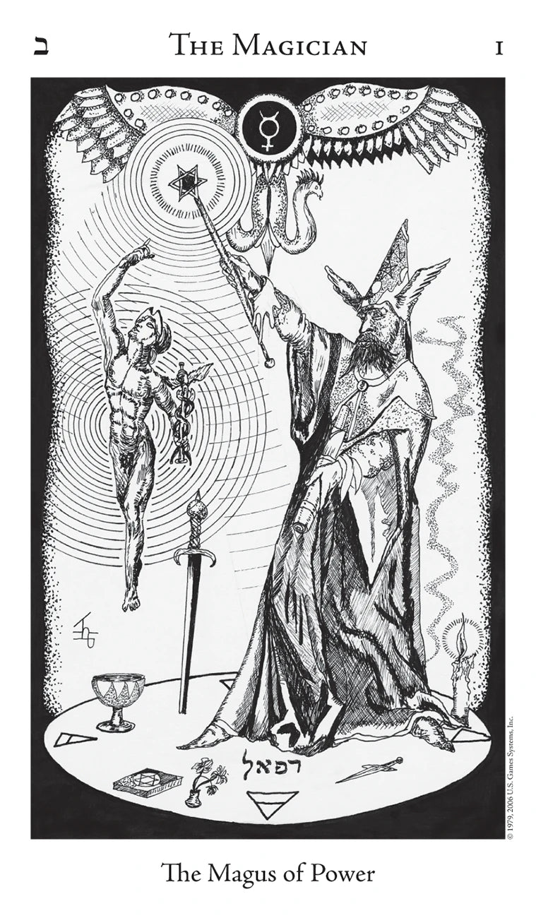 Tarot card titled 'The Magician' with black and white illustration of a figure and symbols.