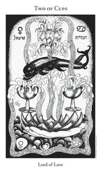 Tarot card featuring the 'Two of Cups' with black and white illustration.