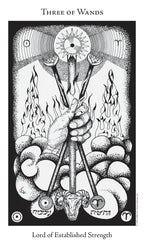 Three of Wands tarot card with black and white design