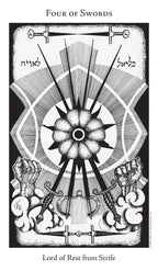 Black and white tarot card featuring the 'Four of Swords' with decorative elements.