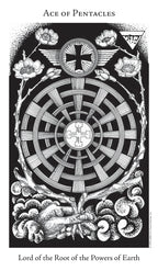Ace of Pentacles tarot card with decorative elements on a black background