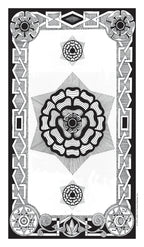 Decorative card with geometric patterns and central floral design
