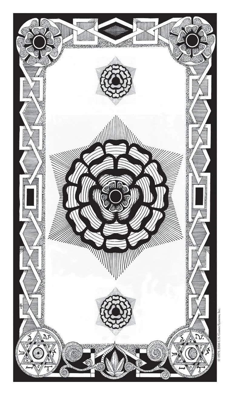 Decorative card with geometric patterns and central floral design