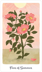 Floral design with pink flowers and green leaves on a textured background, labeled 'Four of Summer'.