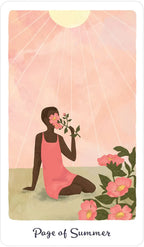 Illustration of a woman in a pink dress holding flowers with a sun and floral background, titled 'Page of Summer'.