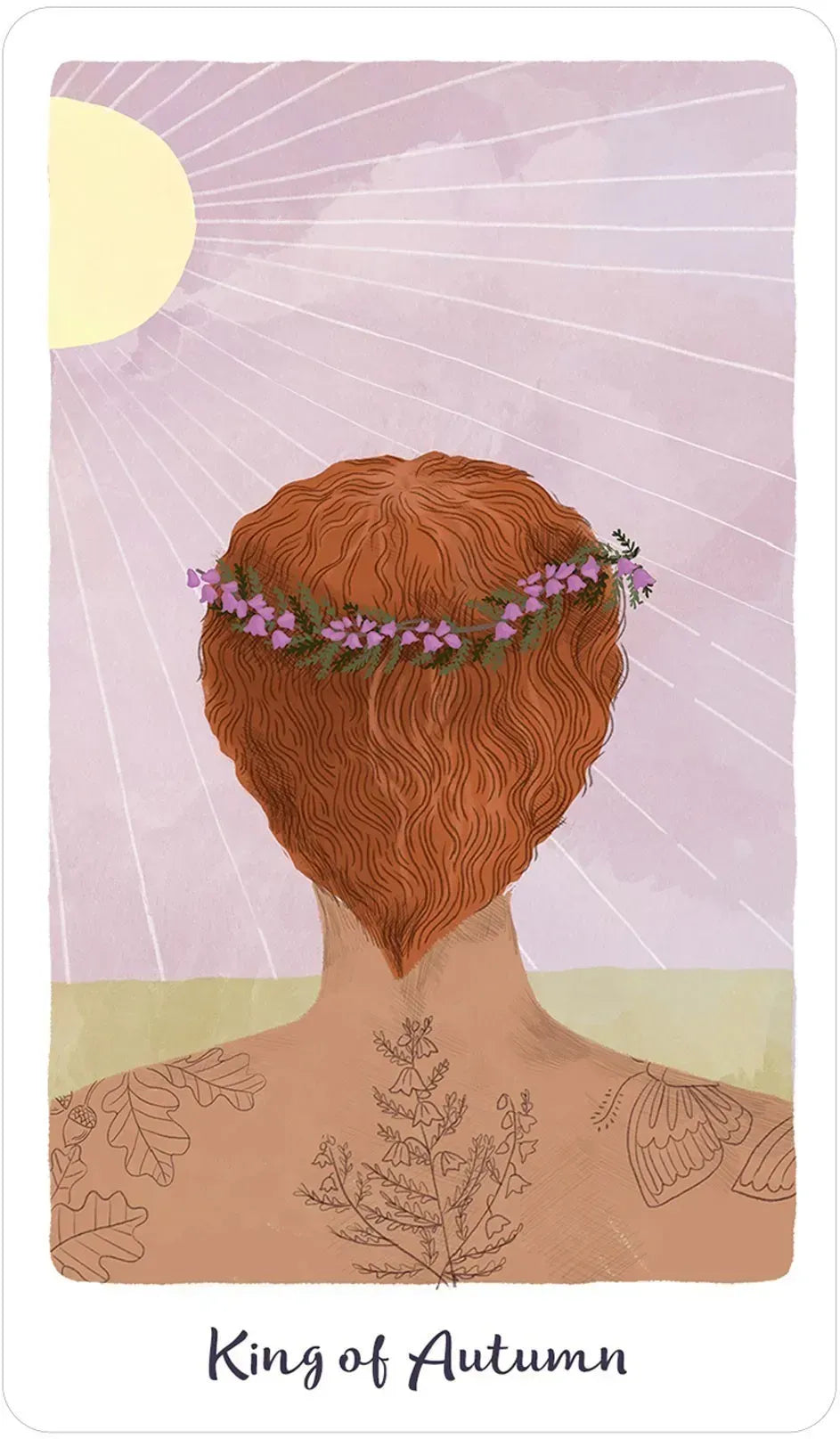 Card with a stylized illustration of a person with tattoos and a flower crown, titled 'King of Autumn'.