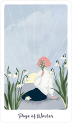 Illustration of a person with pink hair and white coat surrounded by snowdrops on a light blue background.