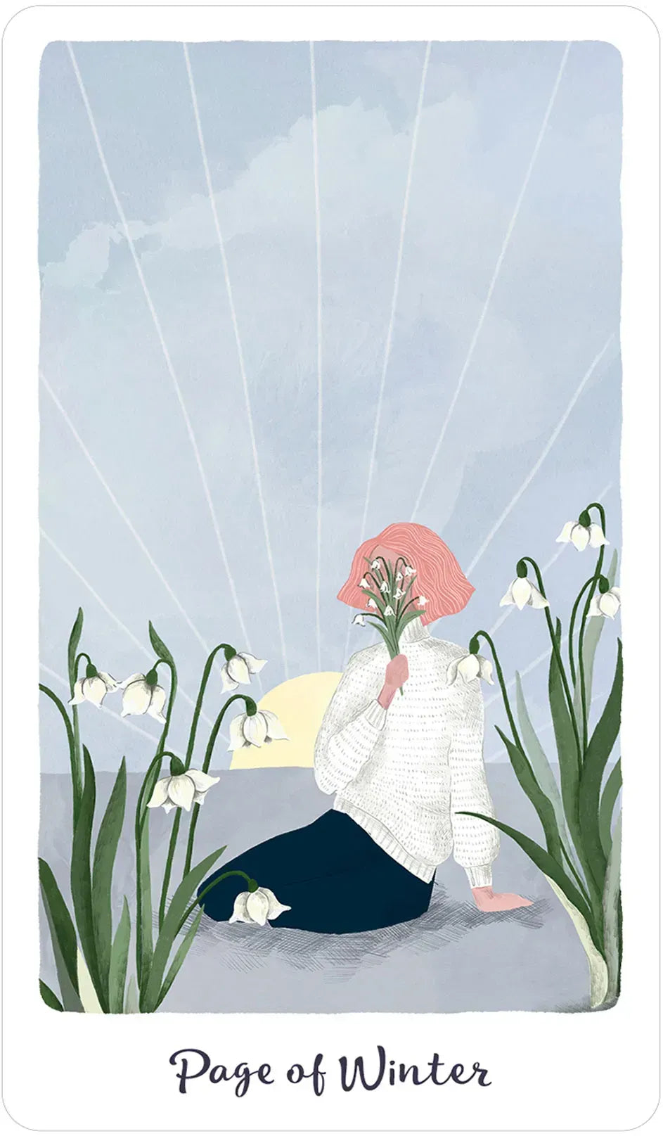 Illustration of a person with pink hair and white coat surrounded by snowdrops on a light blue background.