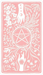 Decorative card with white pentacle symbol, hand, and floral elements on a pink background
