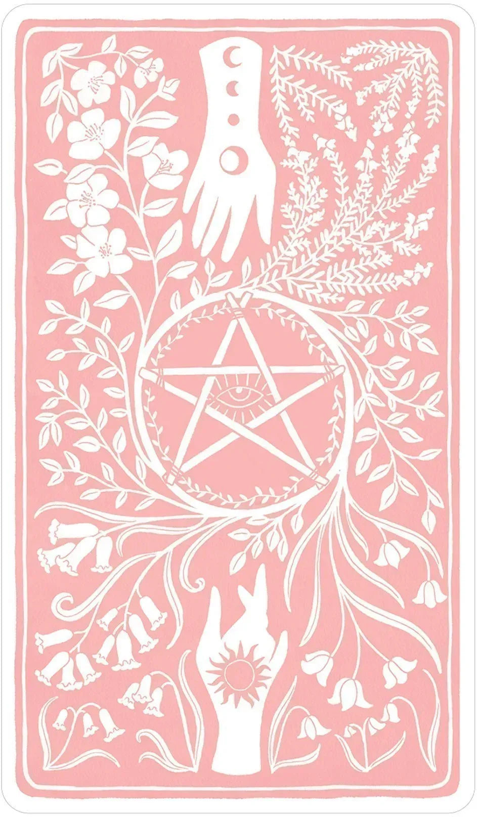 Decorative card with white pentacle symbol, hand, and floral elements on a pink background