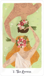 Illustration of a woman with floral tattoos and flowers, titled 'The Lovers'.