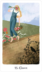 Illustration of a woman in overalls holding flowers, standing on a wall with a bird and plants below.