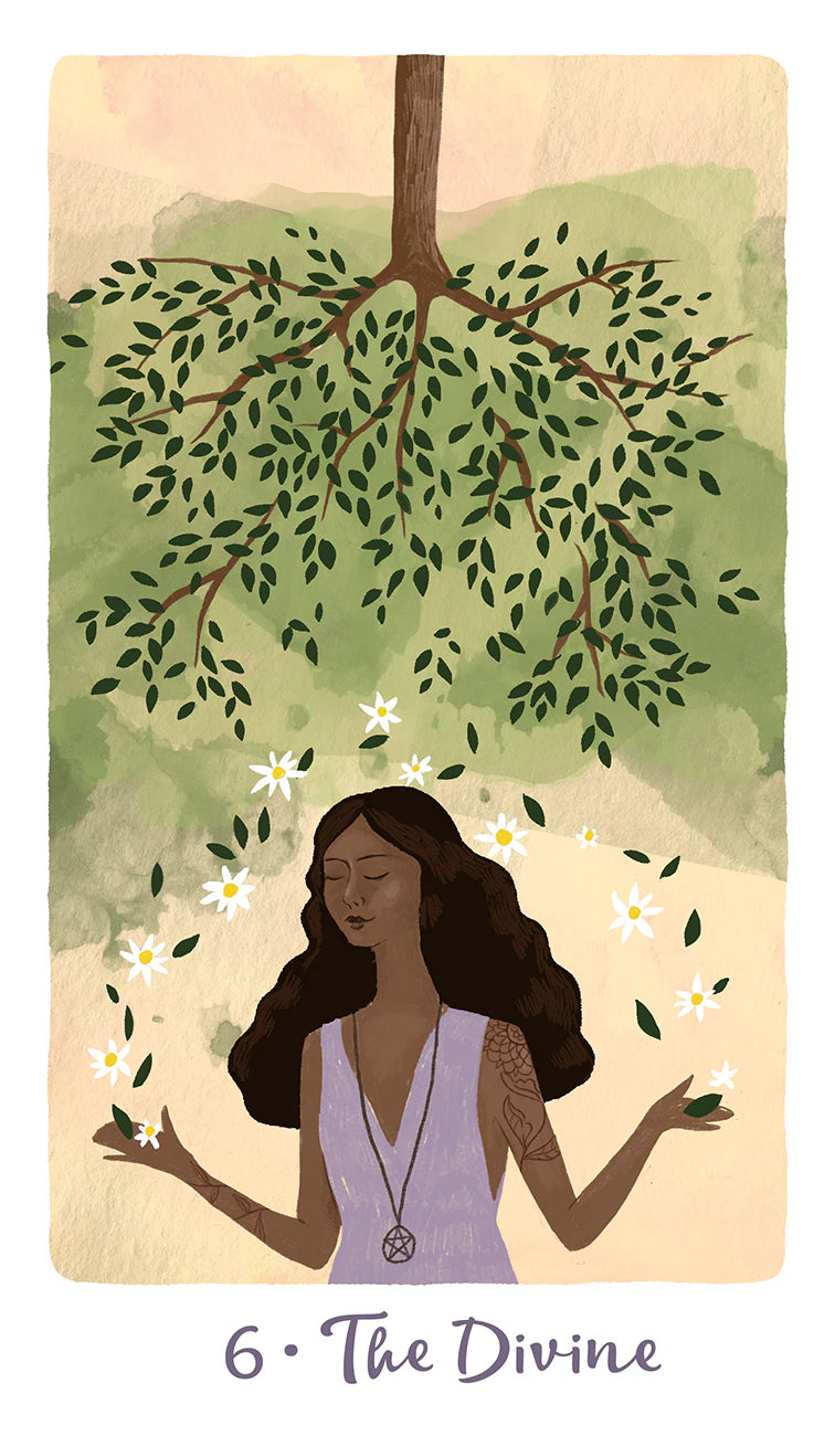 Illustration of a woman with outstretched arms under a tree, surrounded by flowers, with '6 The Divine' text at the bottom.