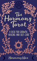 Cover of 'The Harmony Tarot' with decorative elements and text on a dark blue background