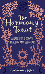 Cover of 'The Harmony Tarot' with decorative elements and text on a dark blue background