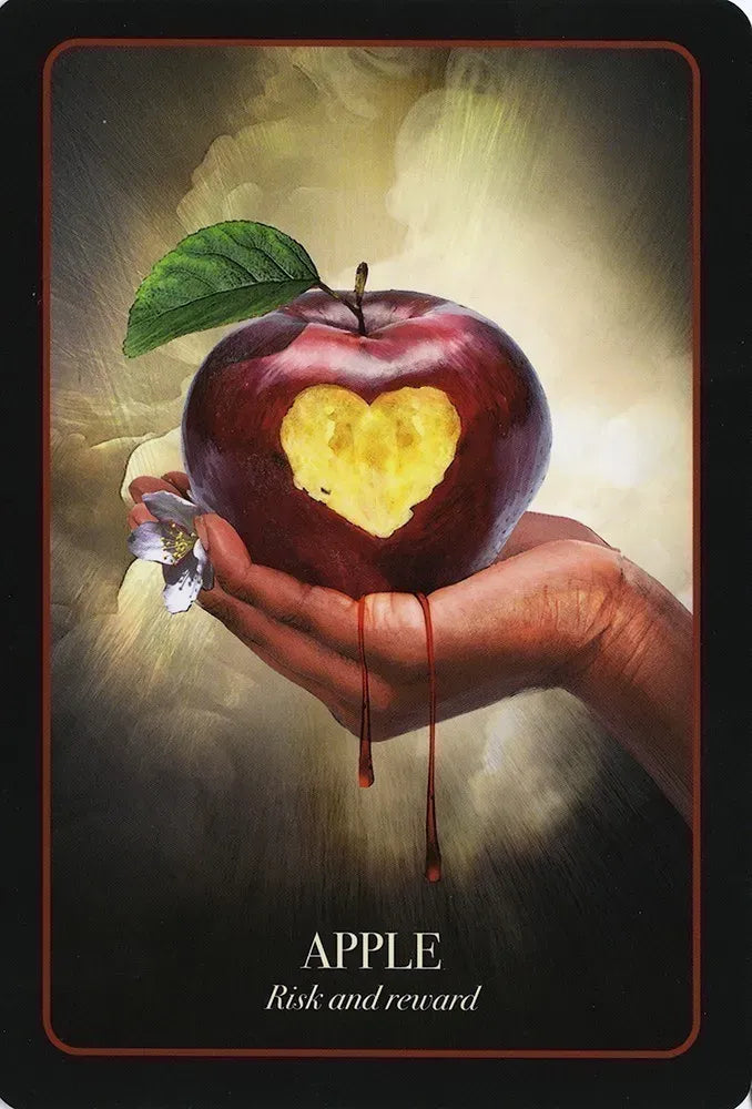 Artistic depiction of a hand holding an apple with a heart symbol, labeled 'Apple: Risk and reward'.