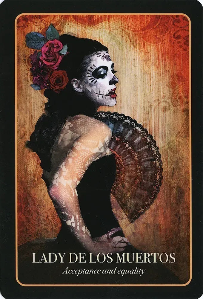 Card featuring a stylized illustration of a woman with skull makeup and floral headpiece, titled 'Lady de los Muertos'.