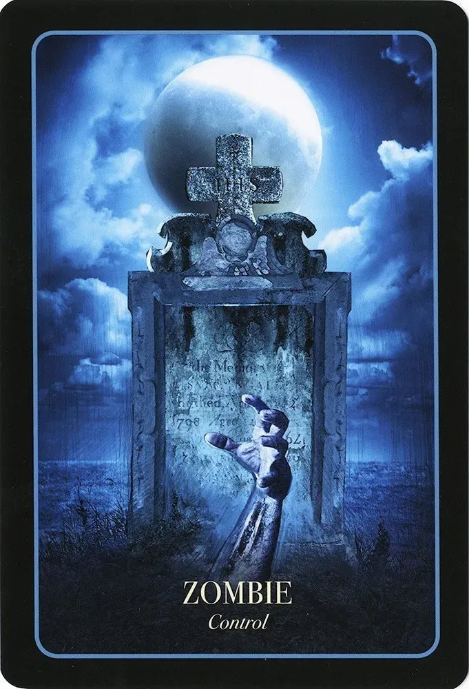 Gothic tombstone with a zombie figure under a moonlit sky, labeled 'Zombie Control'.