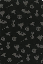 Halloween-themed pattern with ghosts, pumpkins, and bats on a black background