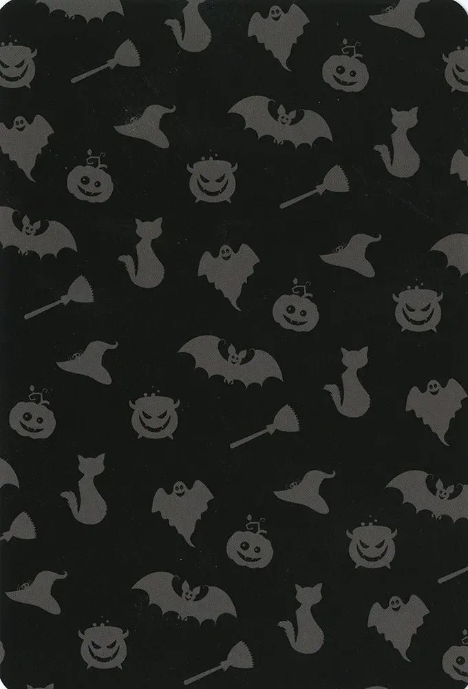 Halloween-themed pattern with ghosts, pumpkins, and bats on a black background