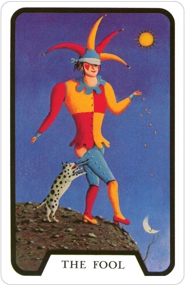 Card featuring a colorful jester character with a leopard on a mountain peak, under a blue sky with sun and moon.