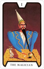 Tarot card featuring 'The Magician' with a person in a blue robe and a cat on a table.