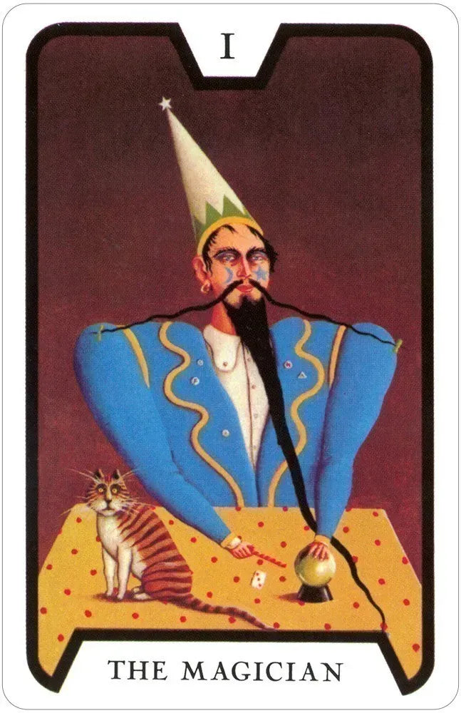 Tarot card featuring 'The Magician' with a person in a blue robe and a cat on a table.
