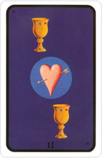 Tarot card with two gold cups and a heart with an arrow on a purple background