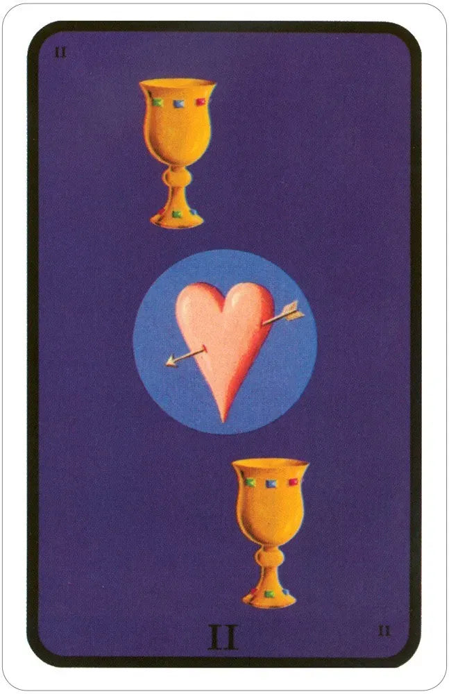 Tarot card with two gold cups and a heart with an arrow on a purple background