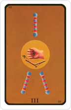 Tarot card with a hand holding a sword and colorful sticks on an orange background