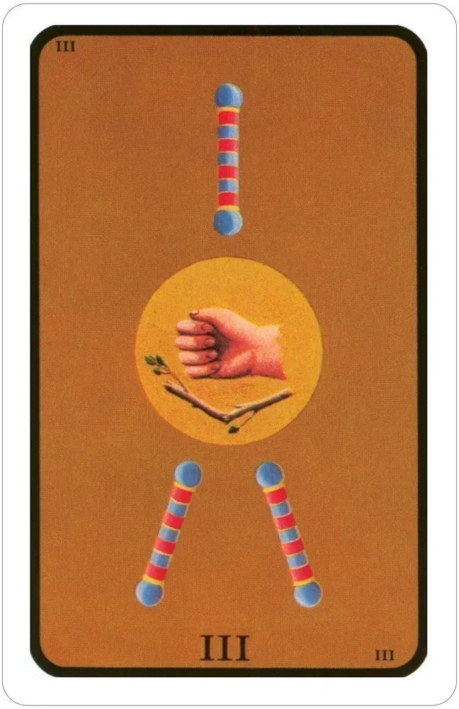 Tarot card with a hand holding a sword and colorful sticks on an orange background