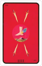 Tarot card with a red background, foot with colorful wings, and three swords on a white background