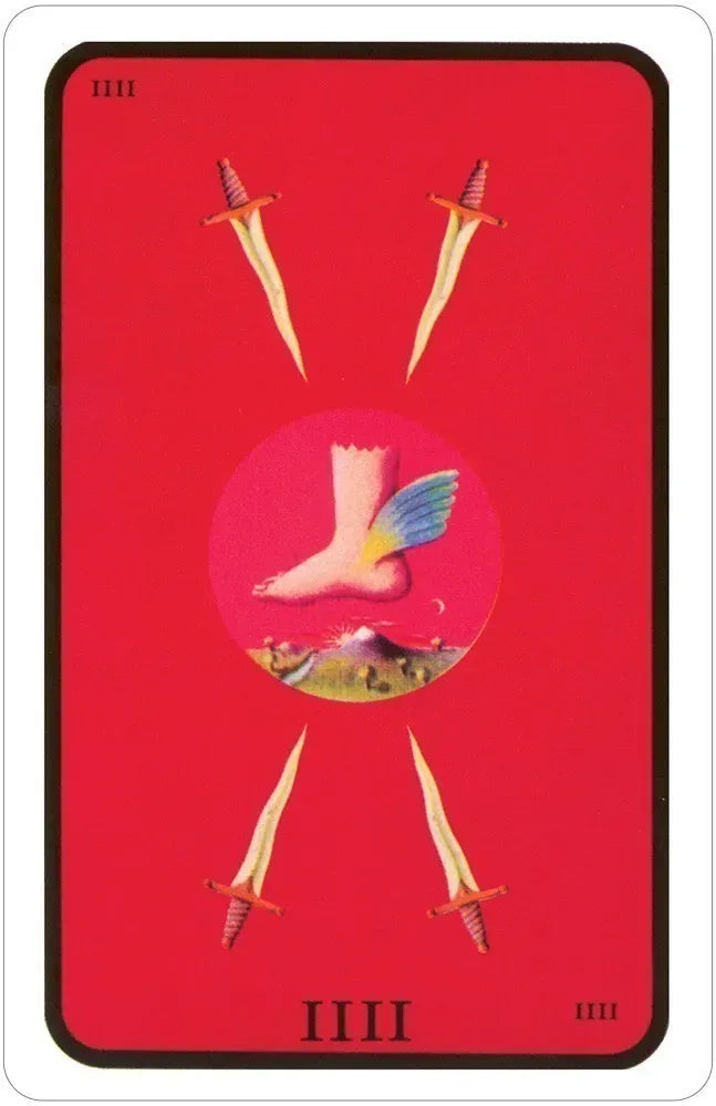 Tarot card with a red background, foot with colorful wings, and three swords on a white background