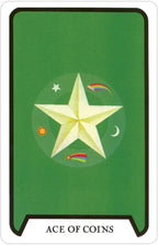 Card with a star design on a green background, labeled 'Ace of Coins'.
