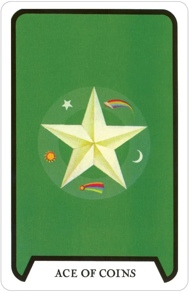 Card with a star design on a green background, labeled 'Ace of Coins'.